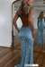 Sky Blue Glitter Sequins Sleeveless V Neck Prom Dress Long with Split
