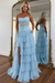 Sky Blue Glitter Strapless Tiered Ruffle Corset Prom Dress Long with Slit