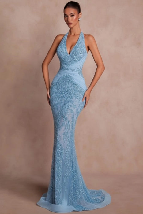 Halter Dark Green Mermaid Prom Dress Glitter Sequins Evening Gown