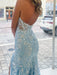 Halter Sequin Applique Mermaid Prom Dress Sky Blue with Slit