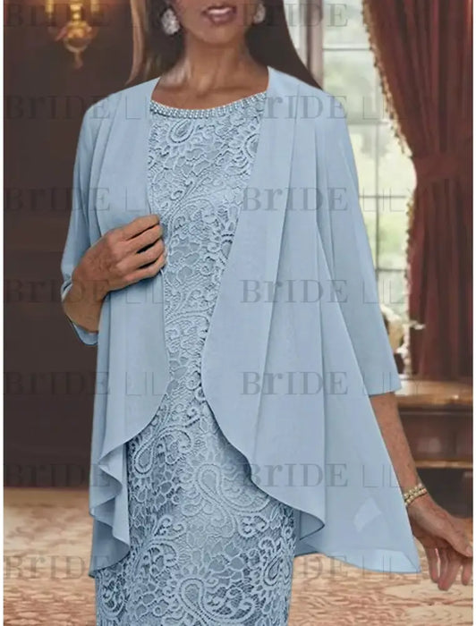 Tea-Length Mother of the Bride Sheath/Column Jewel Neck Dresses