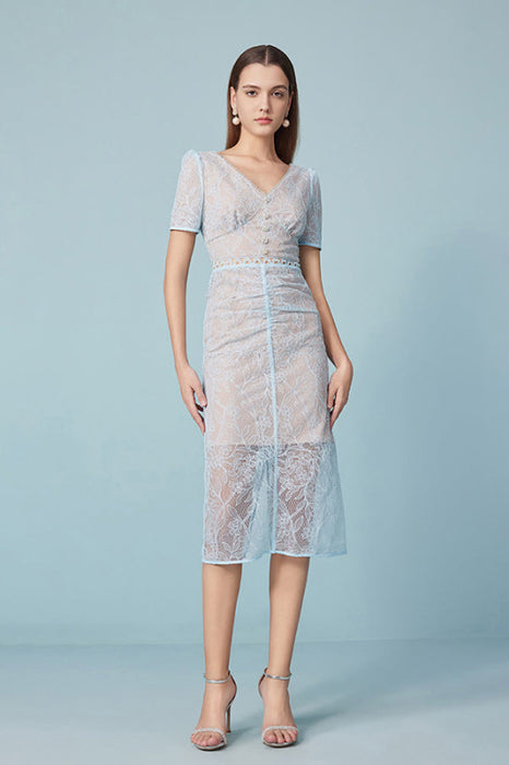 Sky Blue Lace Dress Short Sleeves V-Neck Formal Dress - Dresses