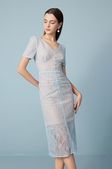 Sky Blue Lace Dress Short Sleeves V-Neck Formal Dress - Dresses