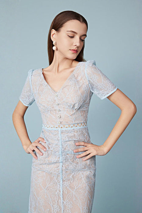 Sky Blue Lace Dress Short Sleeves V-Neck Formal Dress - Dresses