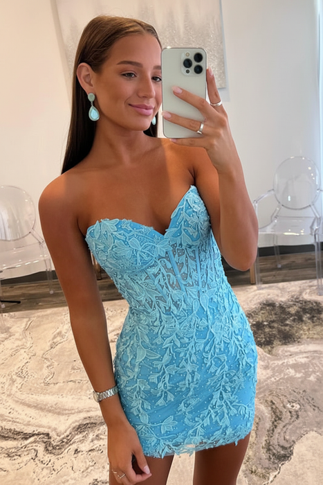 Sky Blue Lace Sweetheart Tight Short Homecoming Dress