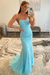 Sky Blue Lace Mermaid Backless Long Prom Dresses