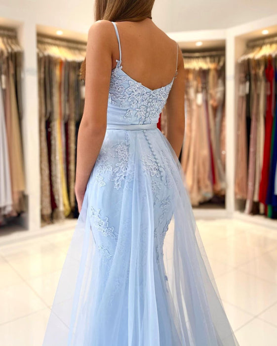 Sky Blue Lace Prom Dress in Mermaid Style
