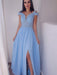 Sky Blue Long Prom Dress with Cap Sleeves and Slit