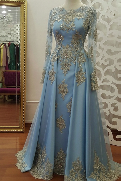 Sky Blue A-Line/Princess Long Sleeves Scoop Floor-Length Applique Tulle Muslim Dresses - Prom Dresses