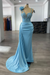 Sky Blue Luxury Glitter Rinstones Mermaid Prom Dresses Sleeveless with Sweep Train - Prom Dresses