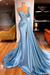 Sky Blue One Shoulder Mermaid Prom Dress Beaded with Split