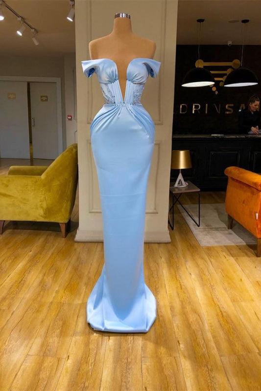 Sky Blue Mermaid V-Neck Off-The-Shoulder Prom Dress