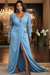 Sky Blue V-Neck Mother of the Bride Dress Long Sleeves lace Front Slit Wedding Guest Dress