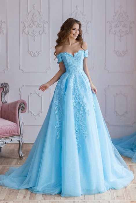Off Shoulder Lace Prom Dress - Sky Blue