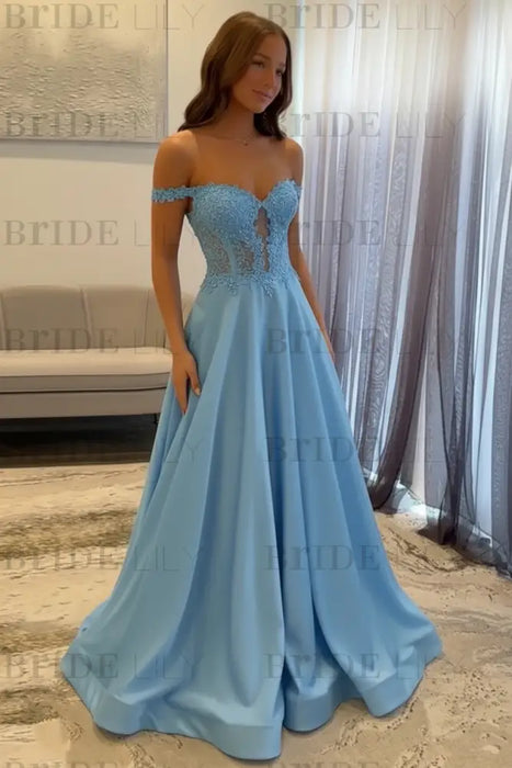 Sky Blue Off-the-Shoulder A-line Evening Dress Lace Prom Dress Long