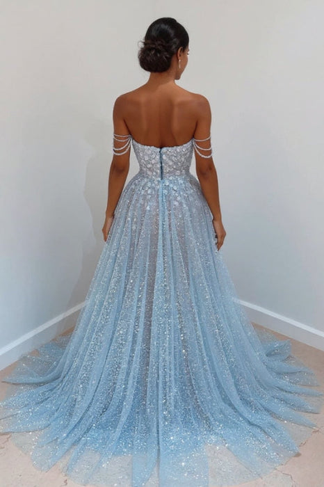 Sky Blue Off-the-Shoulder Prom Dress Long with Sequins - Prom Dresses