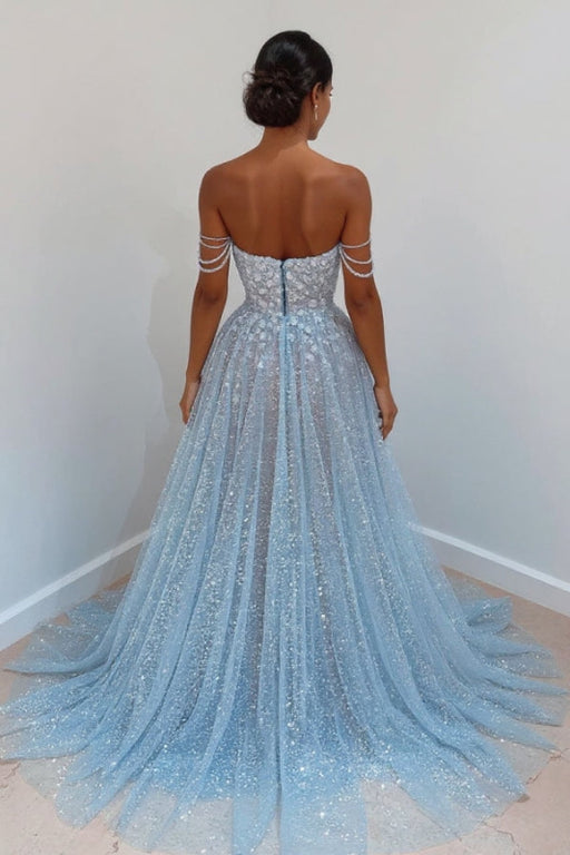 Sky Blue Off-the-Shoulder Prom Dress Long with Sequins - Prom Dresses