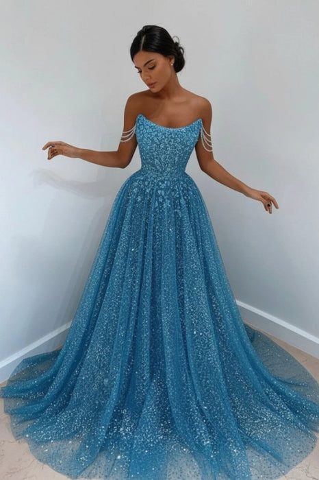 Sky Blue Off-the-Shoulder Prom Dress Long with Sequins - Prom Dresses