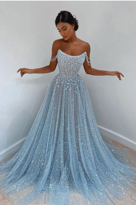 Sky Blue Off-the-Shoulder Prom Dress Long with Sequins - Prom Dresses
