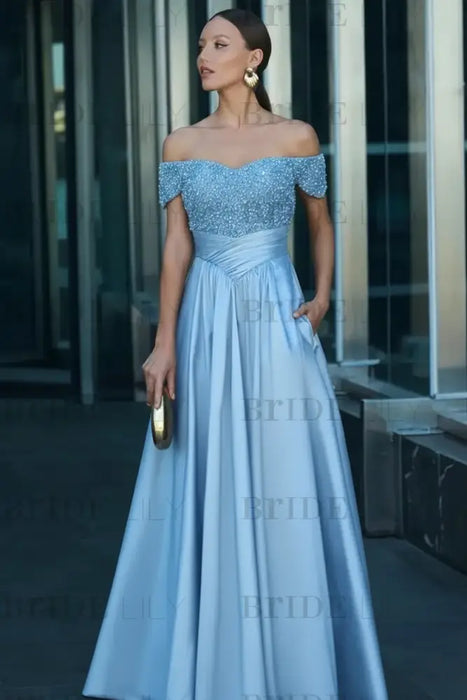 Sky Blue Off-the-Shoulder Satin Aline Formal Dress with Beadings