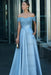 Sky Blue Off-the-Shoulder Satin Aline Formal Dress with Beadings