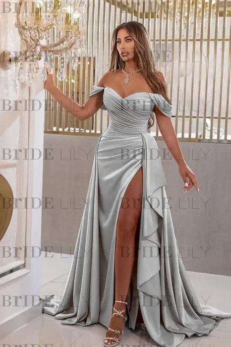 Elegant Sky Blue Off-The-Shoulder Sweetheart Prom Dress with Split Mermaid