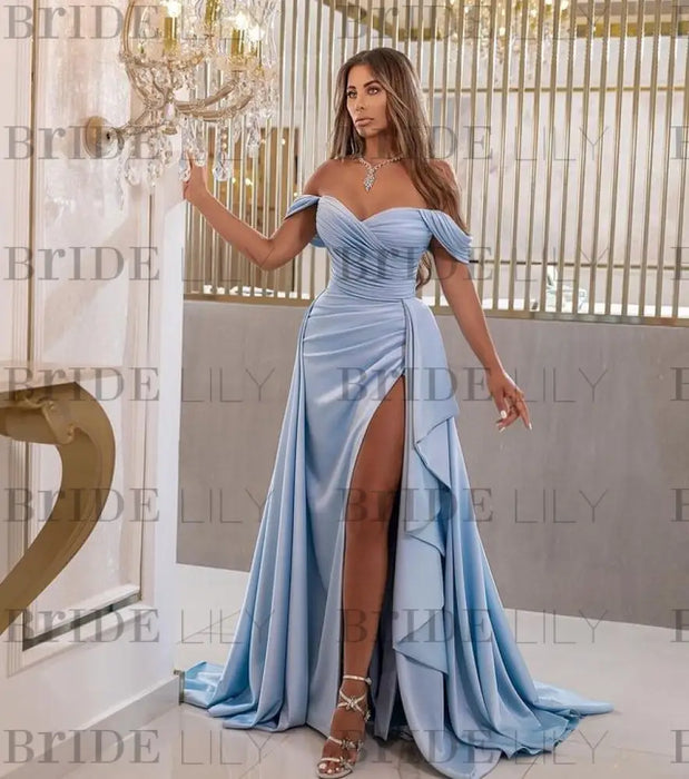 Elegant Sky Blue Off-The-Shoulder Sweetheart Prom Dress with Split Mermaid