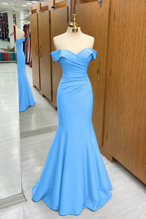 Sky Blue Off-the-shoulder Sweetheart Sleeveless Long Mermaid Prom Dress - Prom Dresses