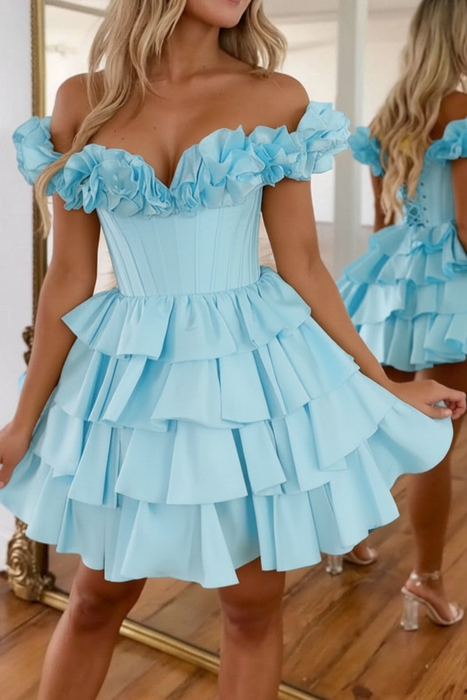 Sky Blue Off-the-Shoulder Satin Corset Graduation Dress Short Cocktail Dress