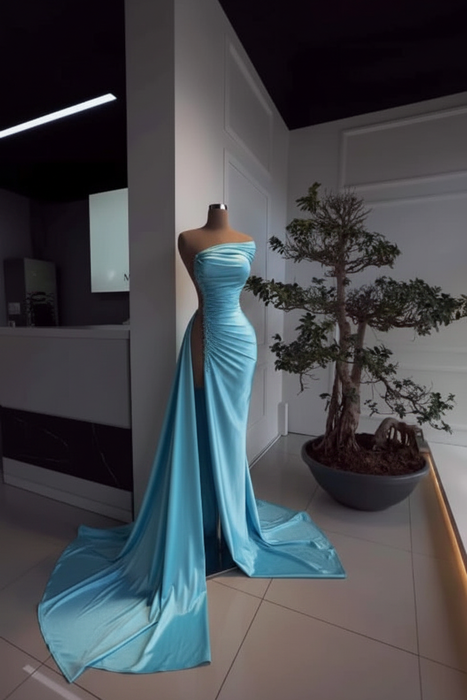Sky Blue Pearl Strapless Prom Dress with Long Slit