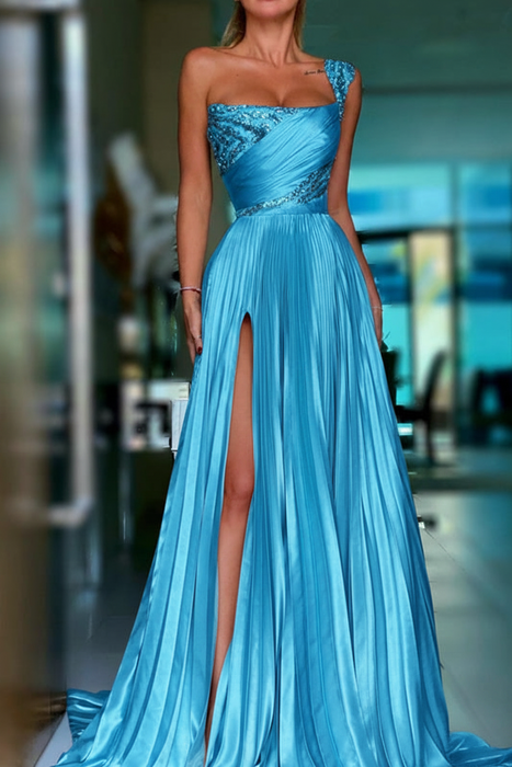 Sky Blue Pleated A-Line One Shoulder Prom Dress Gown with Front Split - Prom Dresses