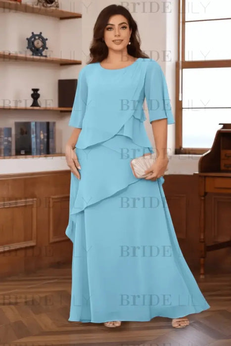 Sky Blue Plus Size Ruffles Chiffon Mother of the Bride Dress Scoop Neck with Half Sleeves