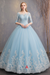 Sky Blue Princess Wedding Dresses Lace Illusion Neckline Half Sleeve Bridal Gown
