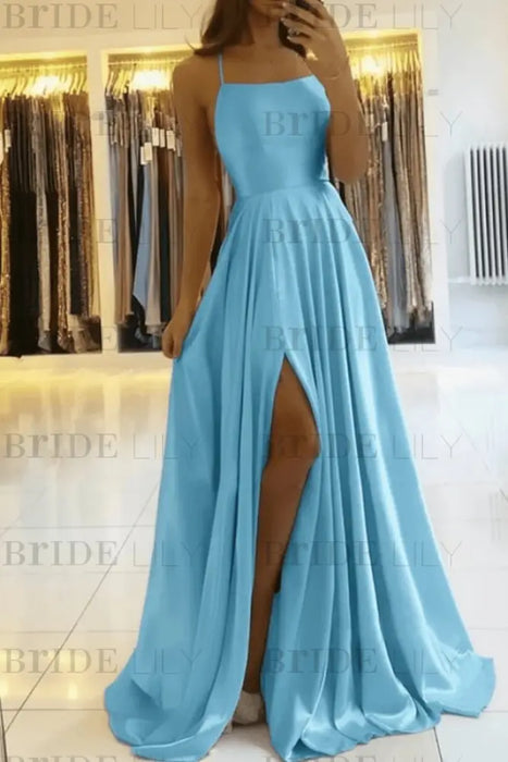Sky Blue Simple Prom Dress Long With Spaghetti Straps Front Slit Satin Evening Dress