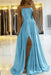 Sky Blue Simple Prom Dress Long With Spaghetti Straps Front Slit Satin Evening Dress