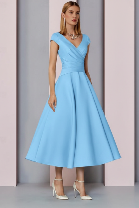 Sky Blue Satin A-Line Mother of the Bride Dress V Neck Tea Length Wedding Guest Dress - Prom Dresses