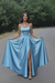 Sky Blue Aline Satin Long Prom Dresses with High Slit