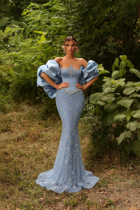 Sky Blue Satin Mermaid Evening Gown Beadings Floor Length Party Dress with puffy Sleeves