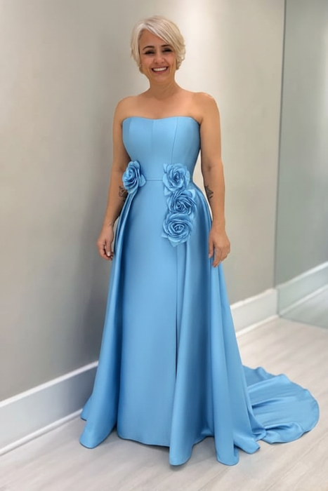 Sky Blue Satin Mother of the Bride Dress Strapless with Flowers - Prom Dresses