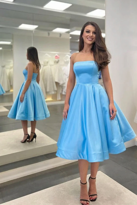 Sky Blue Satin Strapless Prom Dress