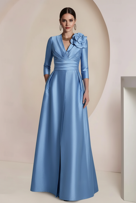 Sky Blue Satin V-Neck Mother of the Bride Dress with 3/4 Sleeves with Split Front