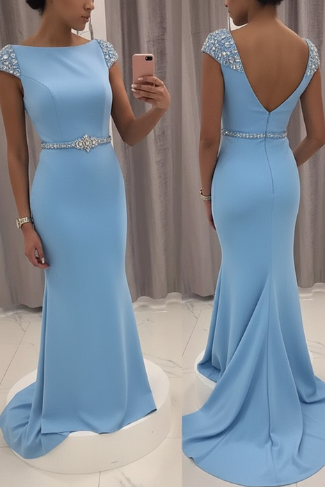 Sky Blue Sequined Fitted Cap Sleeve Mermaid Prom Dress Formal Gown - Prom Dresses
