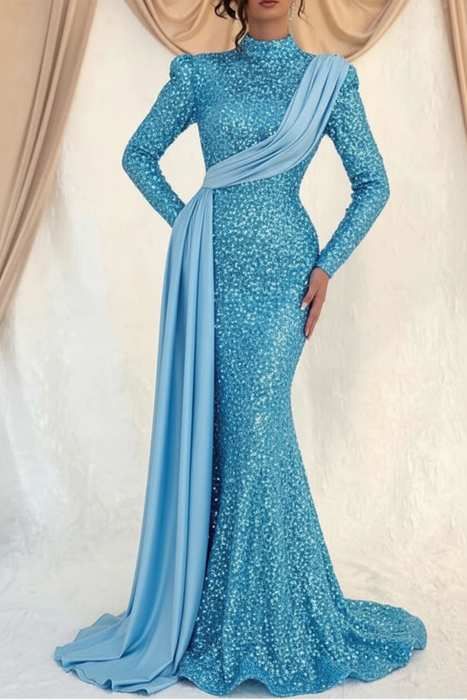 Sky Blue Sequins Long Sleeves High Collar Mermaid Prom Dress with Ruffle