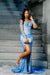 Charming Sky Blue Mermaid Prom Dress Beadings Long Sleeves Evening Gown High Slit with 3D Flowers