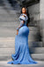 Charming Sky Blue Mermaid Prom Dress Beadings Long Sleeves Evening Gown High Slit with 3D Flowers