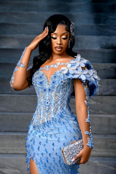 Charming Sky Blue Mermaid Prom Dress Beadings Long Sleeves Evening Gown High Slit with 3D Flowers