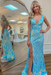 Sky Blue Sequins V Neck Backless Sleeveless High Slit Prom Dress