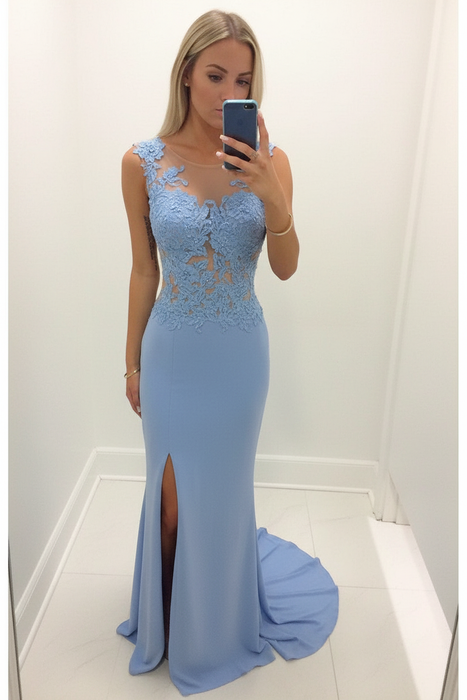 Sky Blue Sheath/Column Scoop Sleeveless Applique Chiffon Dresses - Prom Dresses