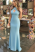 Sky Blue Sheath Sleeveless Halter Floor-Length With Ruffles Satin Dresses - Prom Dresses
