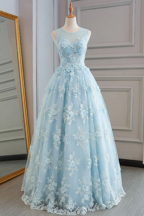 Sky Blue Sheer Neck Tulle Lace Prom Dresses Aline with Appliques